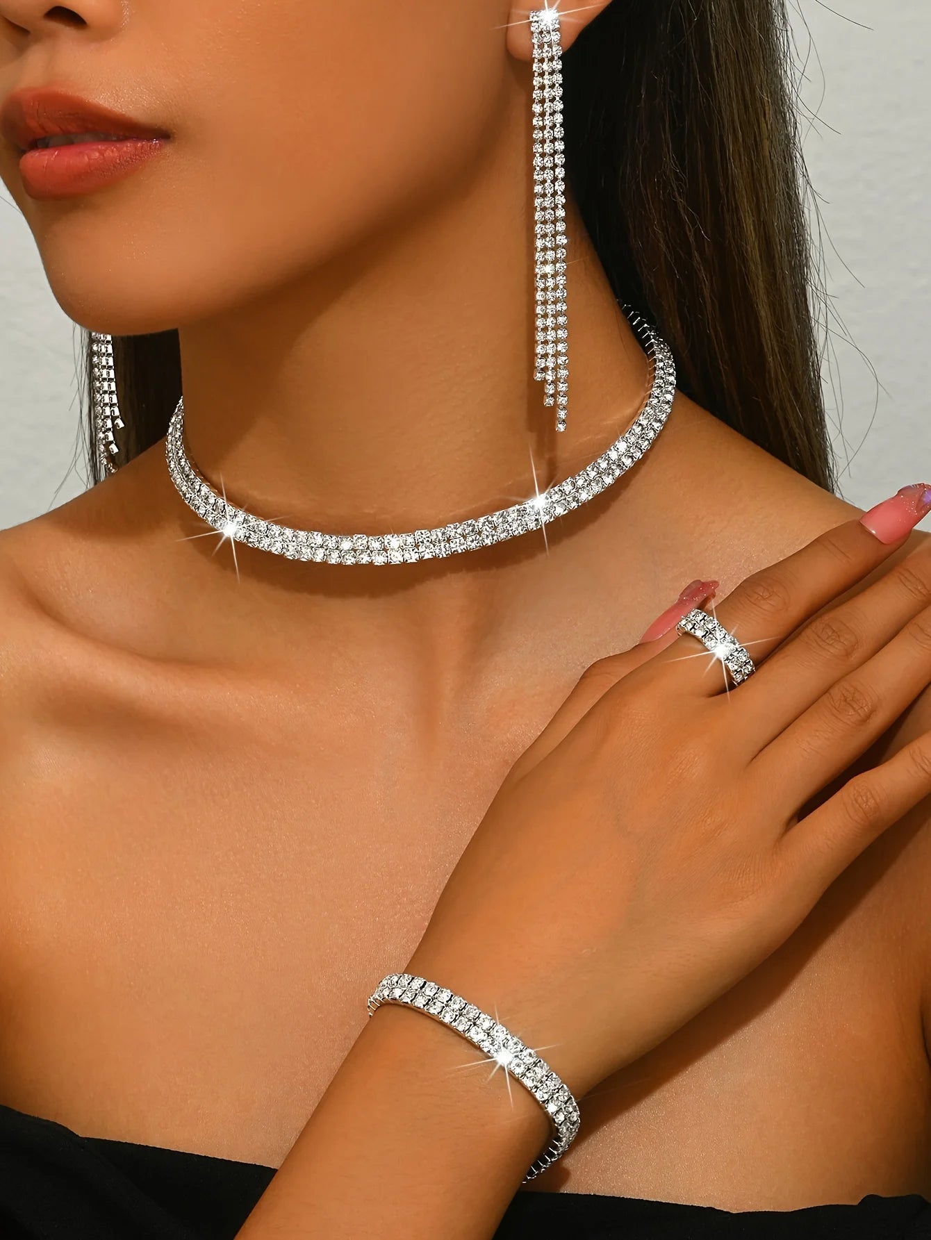5pcs Luxurious Rhinestone Jewelry Set for Women,Choker, Earrings, Stretch Bracelet & Ring for Weddings, Banquets & Parties    Home Decor Supply | Online Retail | ShoreShopper.com