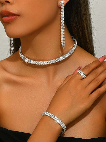 5pcs Luxurious Rhinestone Jewelry Set for Women,Choker, Earrings, Stretch Bracelet & Ring for Weddings, Banquets & Parties    Home Decor Supply | Online Retail | ShoreShopper.com