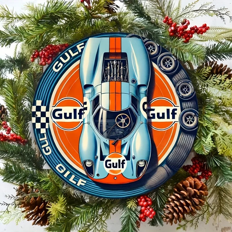 1pc Vintage Gulf Racing Car Metal Tin Sign - Retro Style Wall Art with Blue & Orange Stripes, Aluminum, Perfect for Home, Cafe    Home Decor Supply | Online Retail | ShoreShopper.com