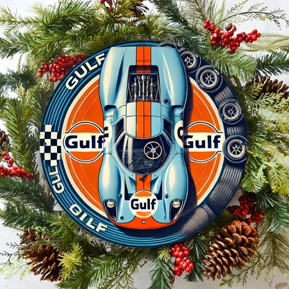 1pc Vintage Gulf Racing Car Metal Tin Sign - Retro Style Wall Art with Blue & Orange Stripes, Aluminum, Perfect for Home, Cafe    Home Decor Supply | Online Retail | ShoreShopper.com