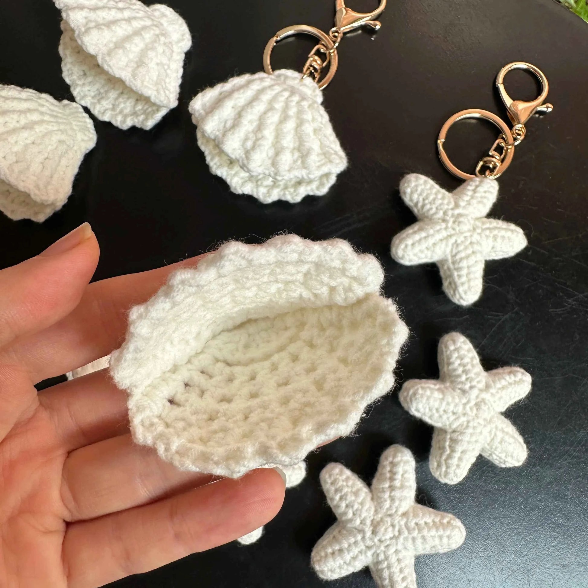 Finished Handmade Crochet Summer Beach Shells Starfish Accessories For Gift Decor,Knitted Wool Mini SeaShell Keyrings