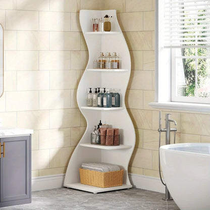 5-Tier Wave Bookshelf  Modern curved corner shelf with metal frame and wooden shelves, white finish, sturdy floor design bedroom    Home Decor Supply | Online Retail | ShoreShopper.com
