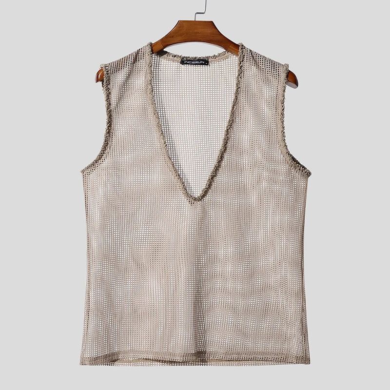 INCERUN Men Tank Tops Hollow Out Mesh See Through Sexy Tassel Male Vests Summer 2025 Solid Color Fashion Streetwear Men Clothing - ShoreCo.Shop