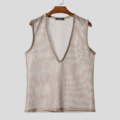 INCERUN Men Tank Tops Hollow Out Mesh See Through Sexy Tassel Male Vests Summer 2025 Solid Color Fashion Streetwear Men Clothing - ShoreCo.Shop