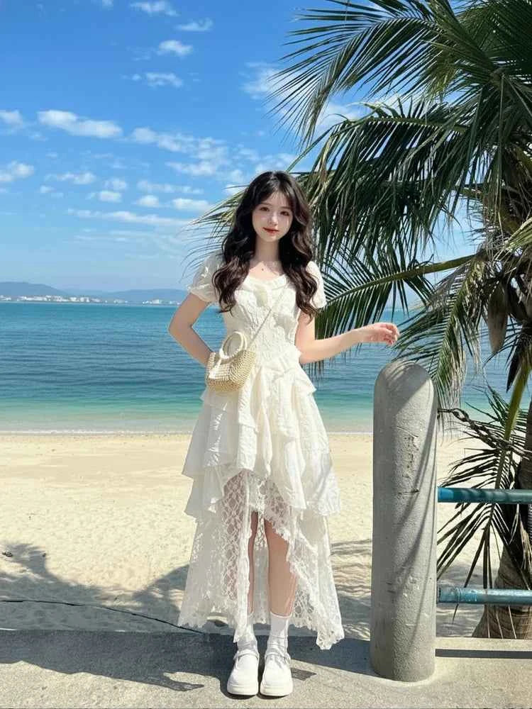 Beach Vacation Bohemian Style Waist-Cinched Dress Summer New Arrival Elegant Skirt Polyester Fiber Short Sleeve V-Neck Loose Fit