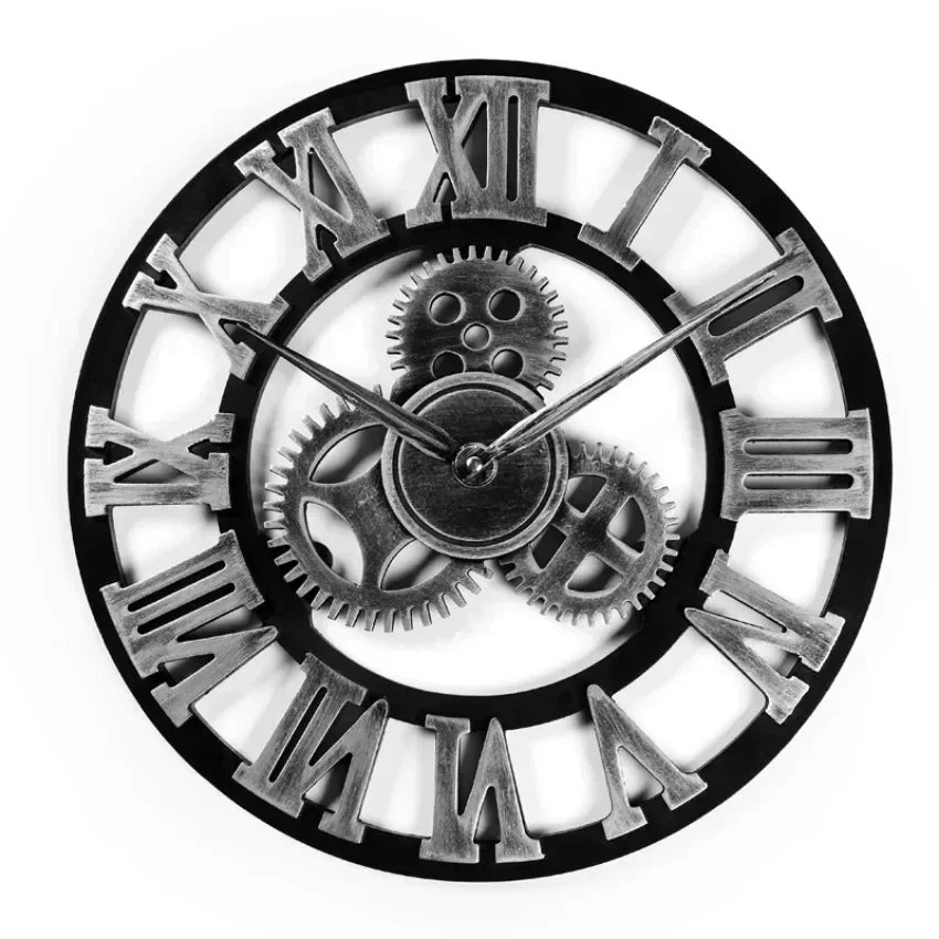 Vintage Style Industrial Wall Clock with Roman Numerals Visible 3D Gears 11"-17" Gold or Silver    Home Decor Supply | Online Retail | ShoreShopper.com