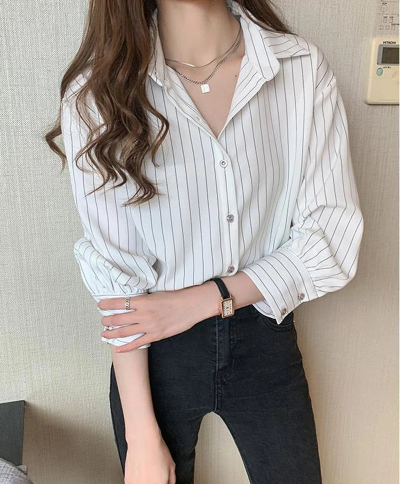 Striped Shirt Women Summer Vintage Chic Loose Long Sleeve Top Y2K Office Ladies Fashion Casual Turn Down Collar All Match Blouse    Your Coastal Marketplace | Shoreshopper.com