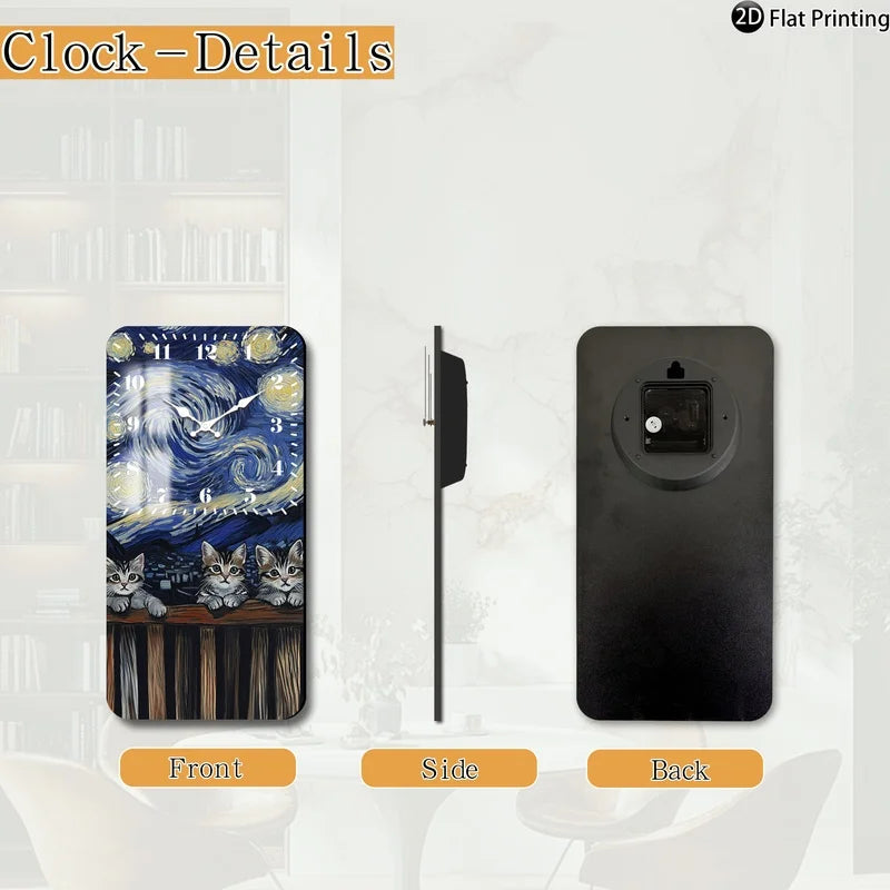 Vintage 2D-Flat Cats with Van Goghs Starry Night backdrop Wooden Silent Quartz Rectangle Wall Clock for Home Idea Holiday Gifts    Home Decor Supply | Online Retail | ShoreShopper.com