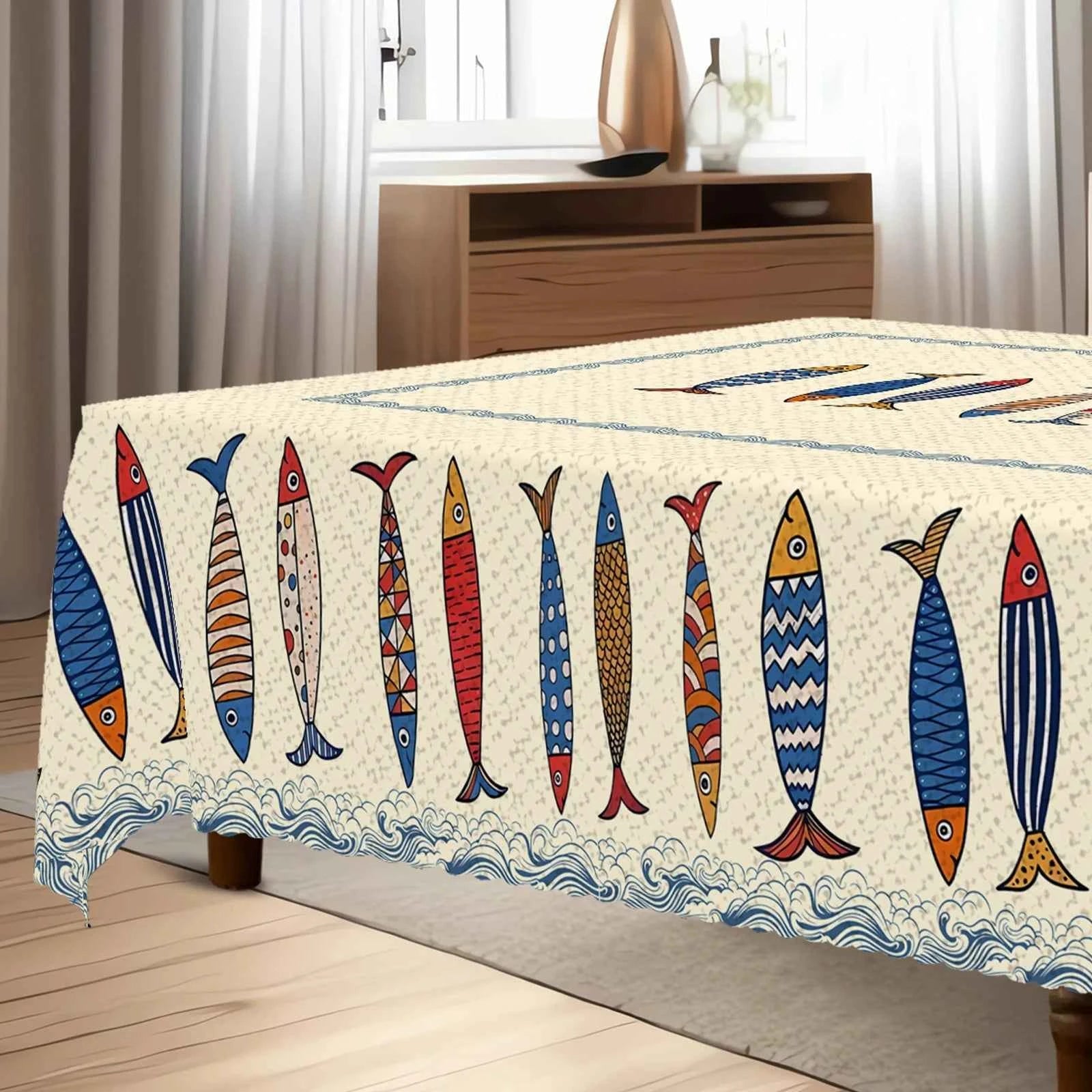 1pc Blue Fish Tablecloth, Ocean-themed Home Decoration, Summer Decor, Gift for Fishing Lovers, Polyester