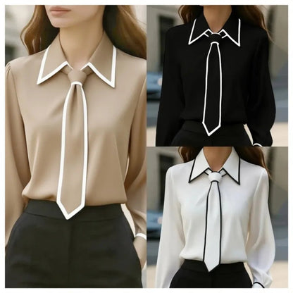 Women's Blouse Fashion Shirt Formal Bow Tie Long-sleeve Contrasting Trim Tops Slim-fit Workwear Elegant Office Lady Shirts Women    Your Coastal Marketplace | Shoreshopper.com