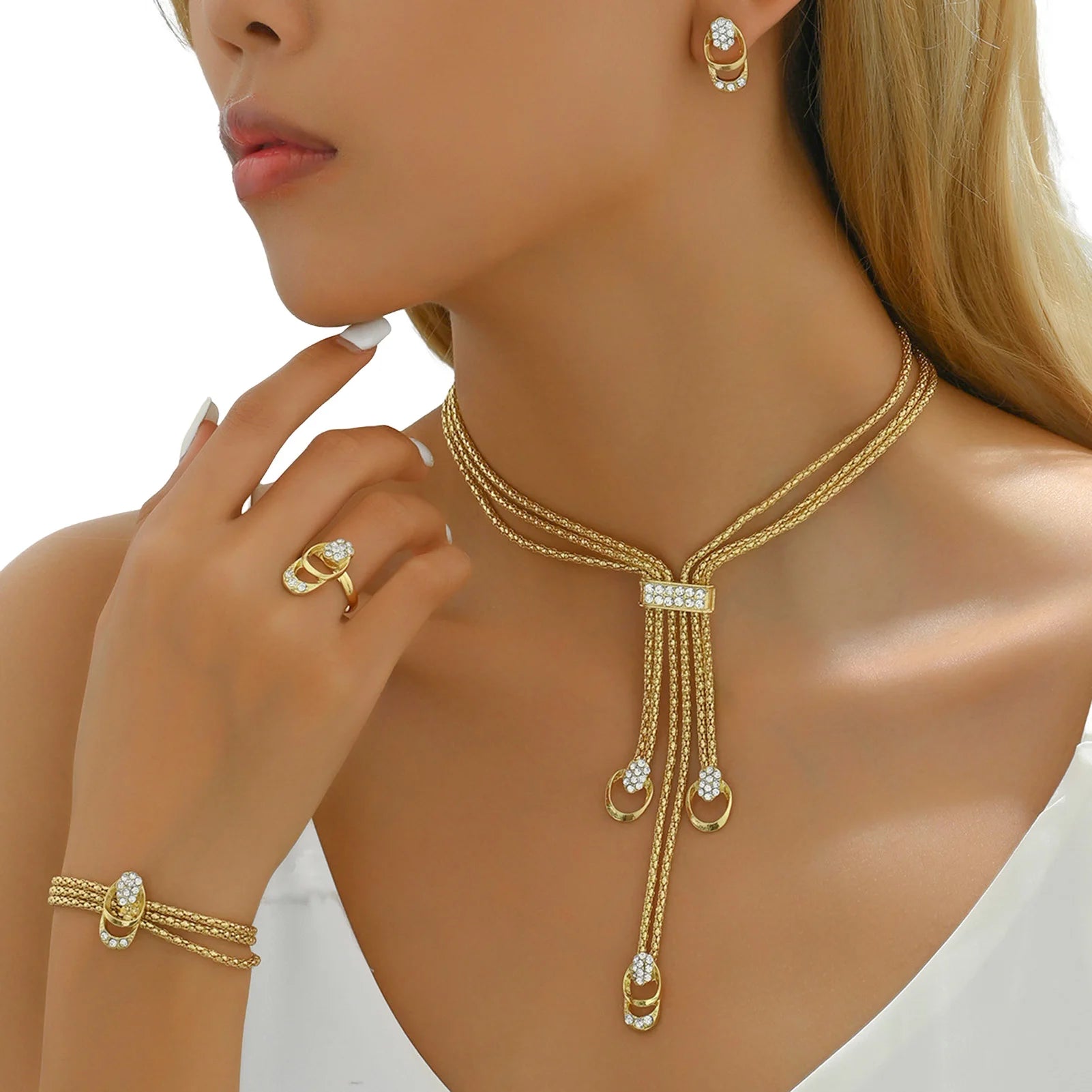 2025 Fashion Jewelry Set Luxury Alloy Long Tassel Necklace Bracelet Earrings Rings Elegant Women Banquet Wedding Accessories    Home Decor Supply | Online Retail | ShoreShopper.com