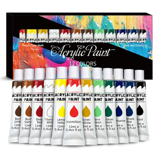 Acrylic Paints Set - 12/24 Colors 12ml Art Painting Kit Supplies for Wood, Canvas, Fabric, Rock, Glass - Non-Toxic Acrylic Paint    Home Decor Supply | Online Retail | ShoreShopper.com