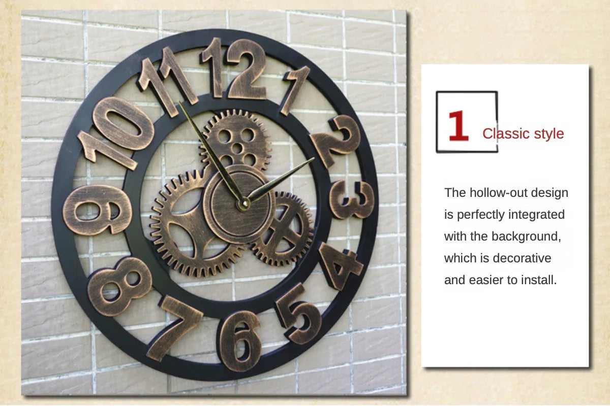 Vintage Style Industrial Wall Clock with Roman Numerals Visible 3D Gears 11"-17" Gold or Silver    Home Decor Supply | Online Retail | ShoreShopper.com