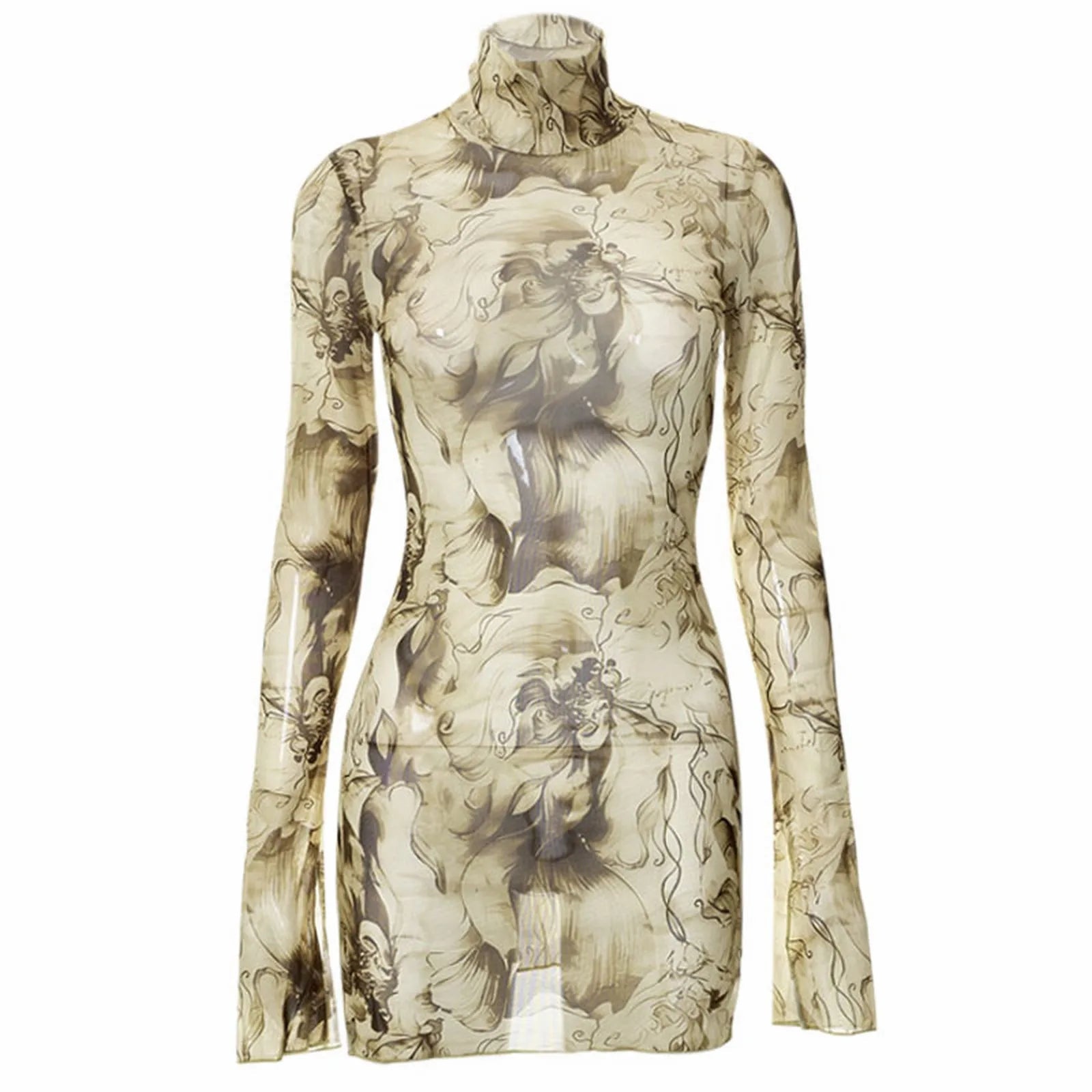 Top Selling Mesh Printed Round Neck Womens Dresses For Teens Plus Size Bell Sleeve Side Open Hip Dress Vestidos Para Mujer    Home Decor Supply | Online Retail | ShoreShopper.com