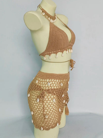 Women Beach Wear Swimsuit Cover-Ups Boho Summer See-Through Hollow Out Bandage High Waist Short Beach Skirt Crochet Knit Skirts    Your Coastal Marketplace | Shoreshopper.com