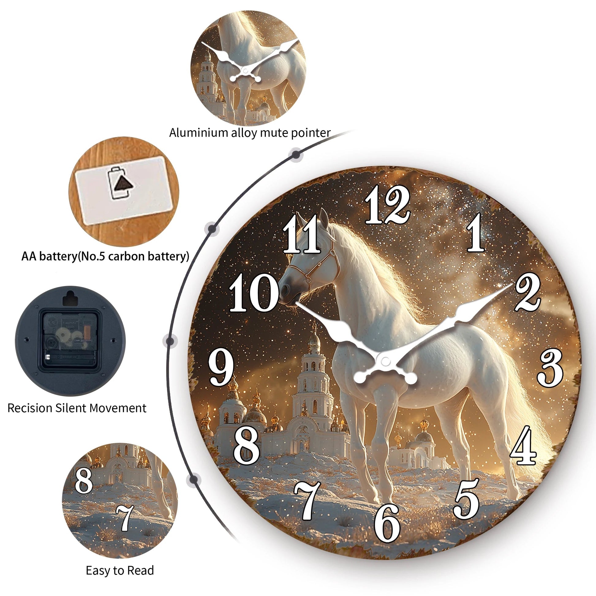 White Horse in Snowy Landscape Round Wall Clock, Ethereal Equine Art Decorative Clock, Dreamy Winter Scene Timepiece for Wall Ar    Home Decor Supply | Online Retail | ShoreShopper.com