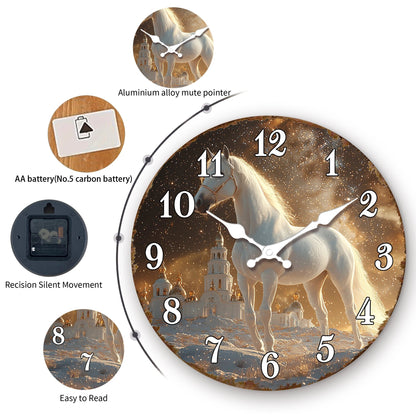 White Horse in Snowy Landscape Round Wall Clock, Ethereal Equine Art Decorative Clock, Dreamy Winter Scene Timepiece for Wall Ar    Home Decor Supply | Online Retail | ShoreShopper.com