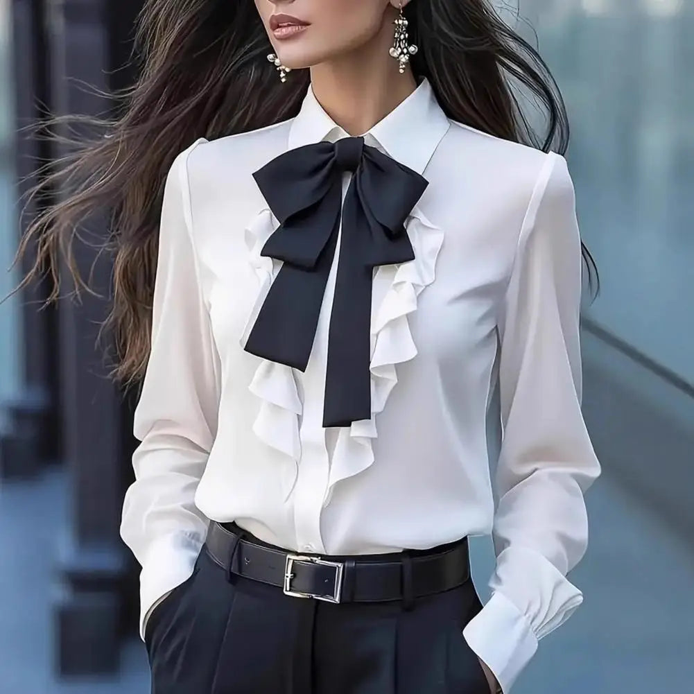 Women Shirts 2026 Spring Autumn Women Shirt Lapel Bow Ruffle Design Long Sleeve Shirt Tops Buttons Closure Shirt Blouses Tops    Your Coastal Marketplace | Shoreshopper.com