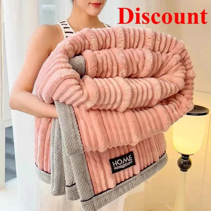 New Rabbit Plush Winter Thick Warm Coral Fleece Blanket Solid Color Double-Sided Cover Blanket Suitable Bedroom Supplies