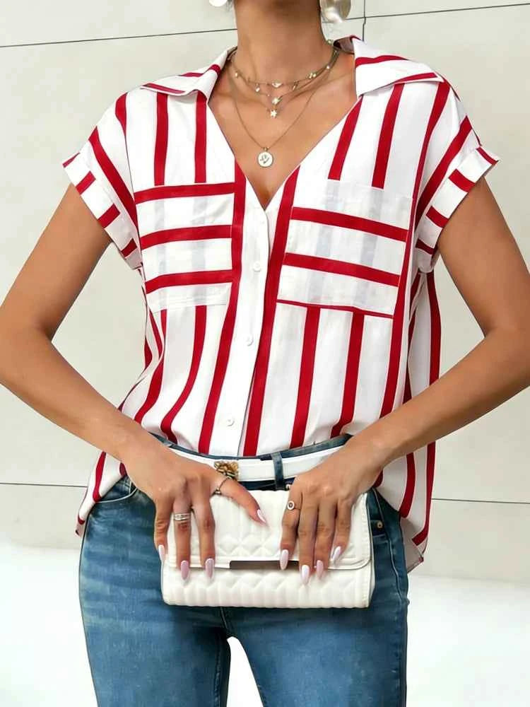 Women's Blouse Shirt Summer Top Navy White Top Vertical Stripe V Neck Short Sleeve Sleek Stylish Daily Shirt Casual Tops