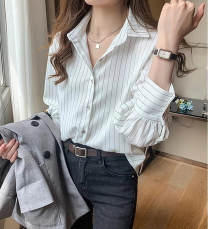 Striped Shirt Women Summer Vintage Chic Loose Long Sleeve Top Y2K Office Ladies Fashion Casual Turn Down Collar All Match Blouse    Your Coastal Marketplace | Shoreshopper.com