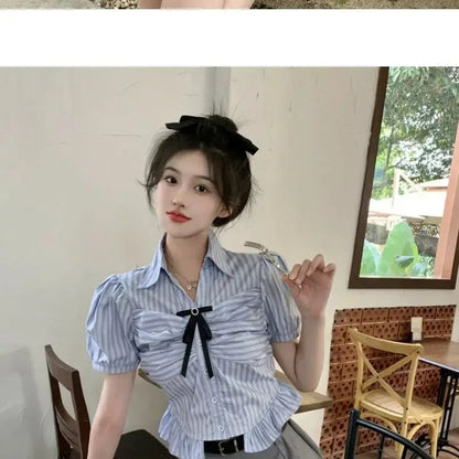 Bow-rinked Striped Shirt for Women Summer French Sweet and Spicy Puff Sleeve Shirt Short Short Sleeve Top    Home Decor Supply | Online Retail | ShoreShopper.com