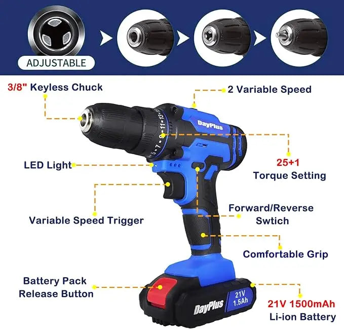 21V Electric Drill Driver, Kit with 1 Battery and Charger, 26 Drill/Screwdriver Bits, DIY Home Use - ShoreCo.Shop