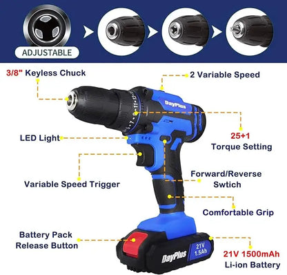21V Electric Drill Driver, Kit with 1 Battery and Charger, 26 Drill/Screwdriver Bits, DIY Home Use - ShoreCo.Shop