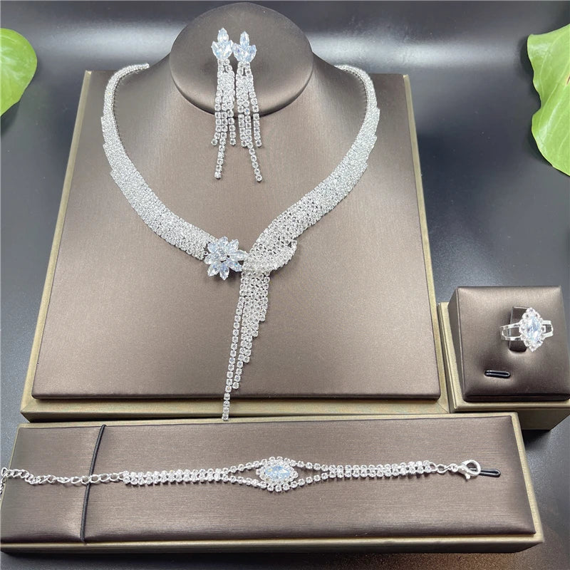 Fashion Crystal Bridal Jewelry Sets Silver Color Geometric Choker Necklace Earrings Bracelet Ring Four-piece Wedding Jewelry Set    Home Decor Supply | Online Retail | ShoreShopper.com