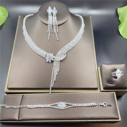 Fashion Crystal Bridal Jewelry Sets Silver Color Geometric Choker Necklace Earrings Bracelet Ring Four-piece Wedding Jewelry Set    Home Decor Supply | Online Retail | ShoreShopper.com