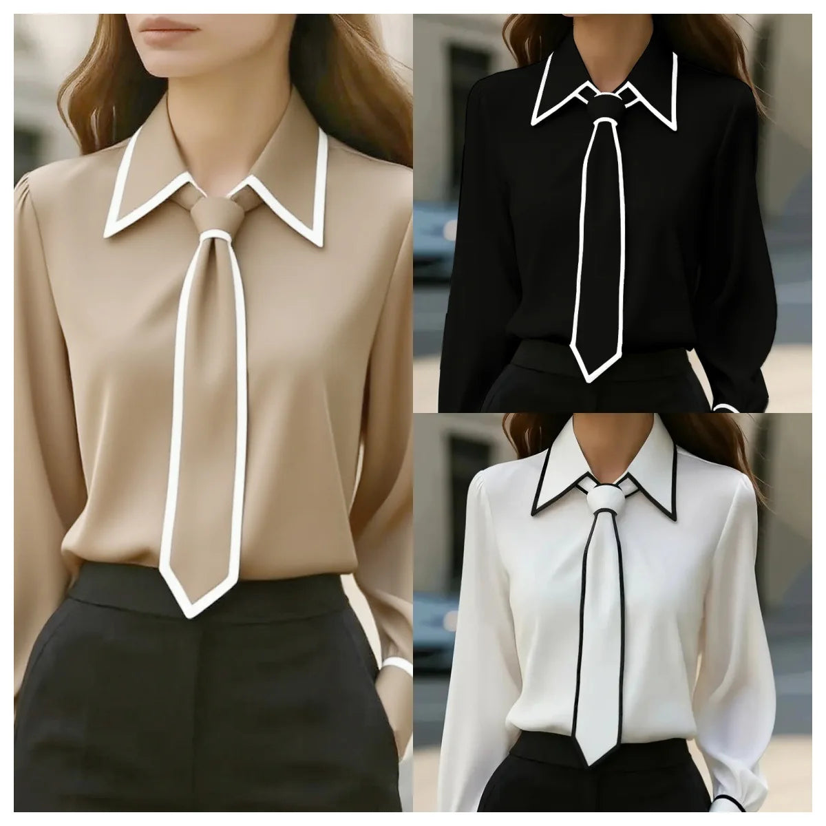Women's Blouse Fashion Shirt Formal Bow Tie Long-sleeve Contrasting Trim Tops Slim-fit Workwear Elegant Office Lady Shirts Women    Your Coastal Marketplace | Shoreshopper.com
