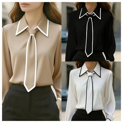Women's Blouse Fashion Shirt Formal Bow Tie Long-sleeve Contrasting Trim Tops Slim-fit Workwear Elegant Office Lady Shirts Women    Your Coastal Marketplace | Shoreshopper.com