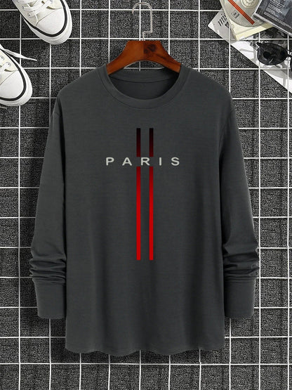 Men's Spring and Autumn 100% Cotton Loose and Comfortable Casual Paris Pattern Printed Round Neck Long Sleeve T-shirt    Home Decor Supply | Online Retail | ShoreShopper.com