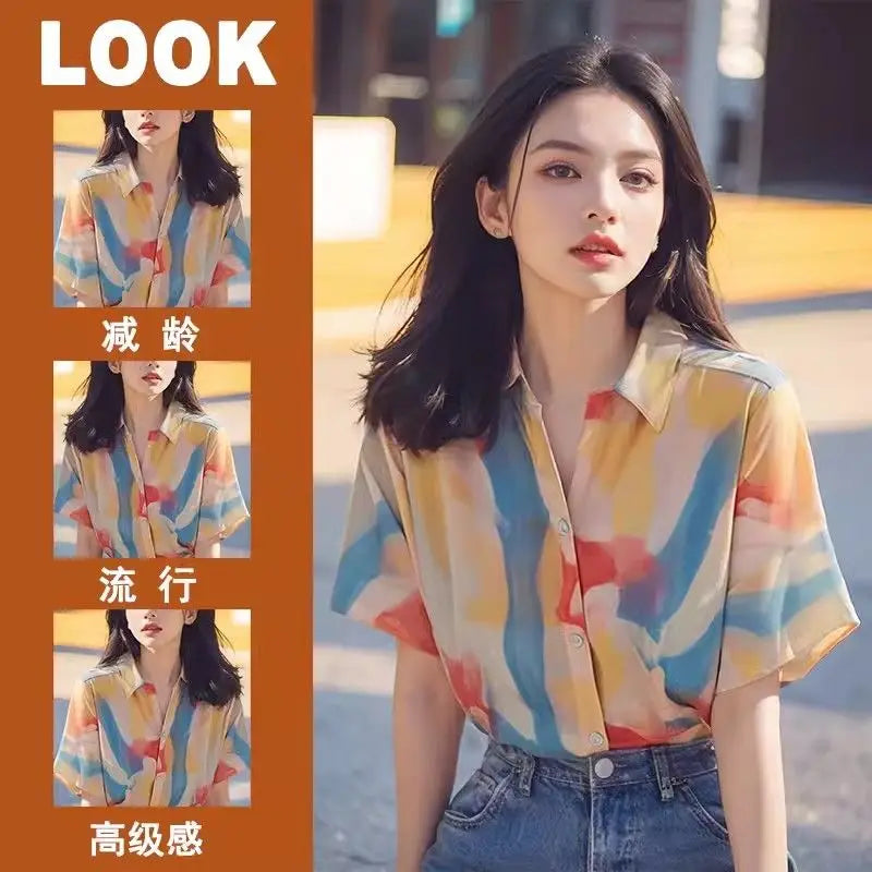 French Chic Top Print Versatile Elegant Casual Chiffon Short-sleeved Shirt for Women    Home Decor Supply | Online Retail | ShoreShopper.com