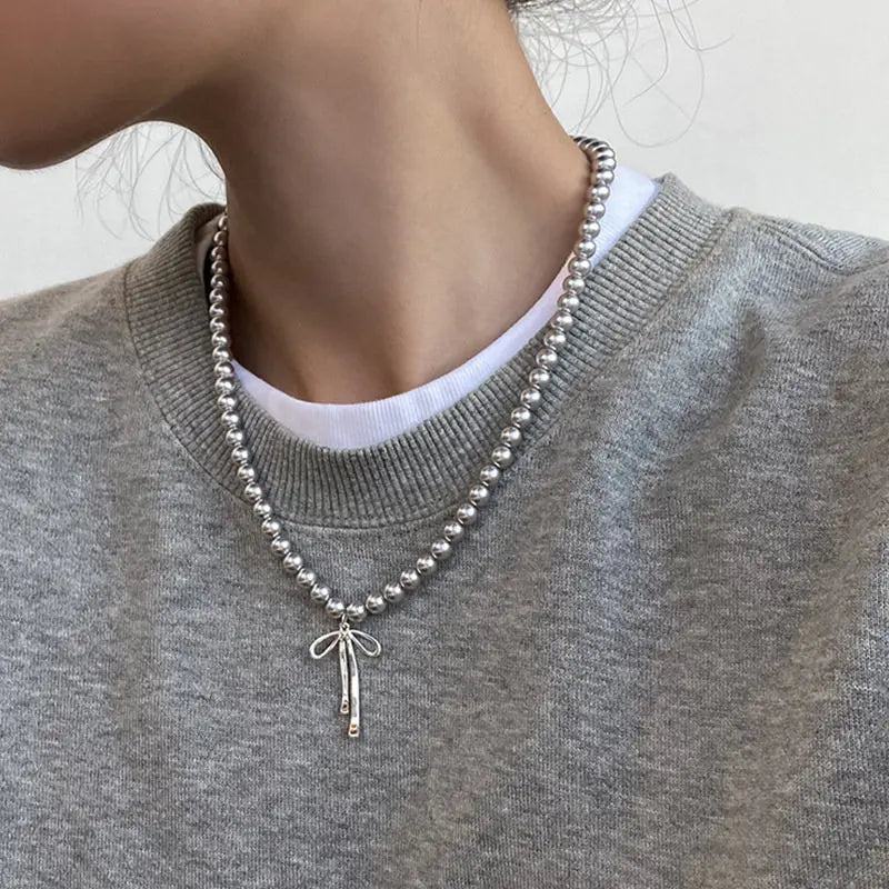Fashionable Choker with Pendant Graceful Bowknot Pendant Choker Necklace with Gray Pearls Neck Jewelry Accessories    Home Decor Supply | Online Retail | ShoreShopper.com