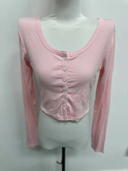 Single Breasted Tshirt Long Sleeve Crop Top Solid Color T Shirts For Women Streetwear Slim Fit Lady Outfit Camisetas Ropa Mujer    Your Coastal Marketplace | Shoreshopper.com