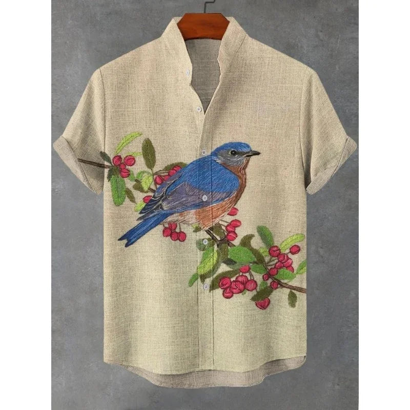 Men's Japanese Parrot Sakura Art Print Casual Shirt Men Blouses Summer Stand Collar Shirts Hawaiian Top Streetwear    Home Decor Supply | Online Retail | ShoreShopper.com