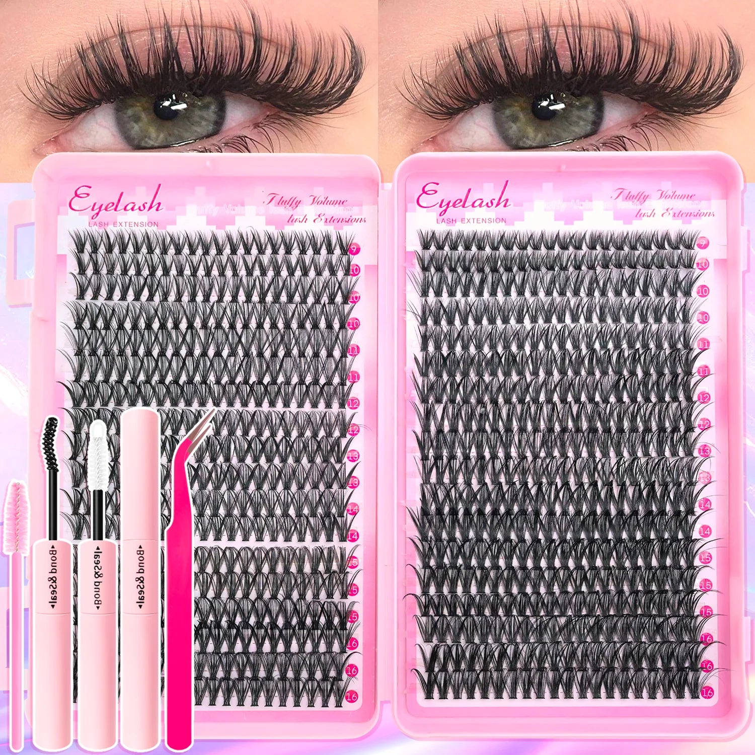 720/200pcs eyelash Extension Kit Fluffy Eyelash Extension kit with Lash Bond and Seal Lash Tweezers Thick Lash Clusters Wispy - ShoreCo.Shop