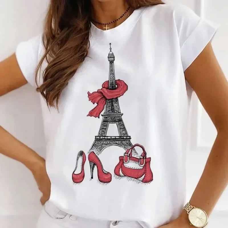 Paris Tower Print Short Sleeve Casual Women's Round Collar T-shirt Graphic T Shirts  Shirts for Women Clothes Oversized T Shirt    Home Decor Supply | Online Retail | ShoreShopper.com