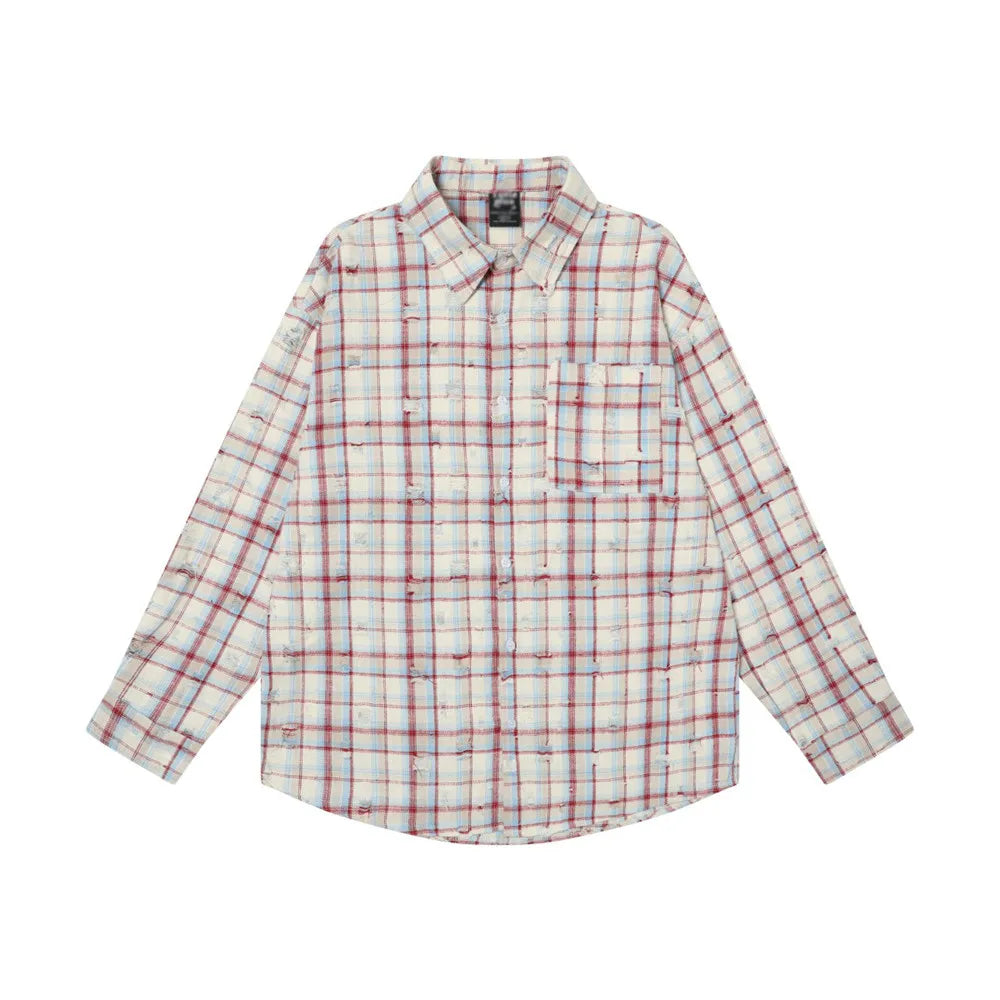 Ripped Plaid Long Sleeve Shirts Mens Pocket Autumn High Street Loose Lapel Single Breasted Checked Shirt Men    Home Decor Supply | Online Retail | ShoreShopper.com