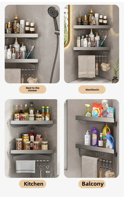 Bathroom Triangle Drain Shelf No Drilling Wall Mounted Cosmetic and Toiletries Hollow Carbon Steel Shelf with Hooks    Home Decor Supply | Online Retail | ShoreShopper.com