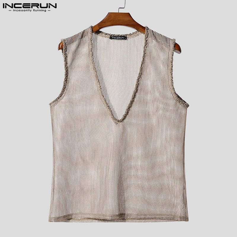 INCERUN Men Tank Tops Hollow Out Mesh See Through Sexy Tassel Male Vests Summer 2025 Solid Color Fashion Streetwear Men Clothing - ShoreCo.Shop
