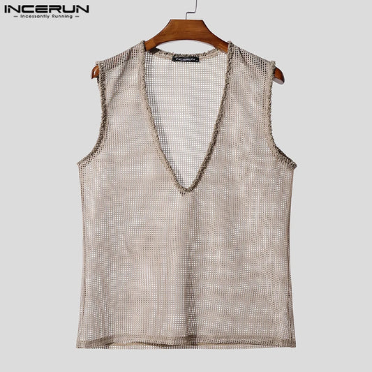 INCERUN Men Tank Tops Hollow Out Mesh See Through Sexy Tassel Male Vests Summer 2025 Solid Color Fashion Streetwear Men Clothing - ShoreCo.Shop