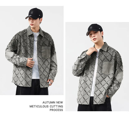 Gradient Ripped Plaid Shirt Men Streetwear Fashion Loose Casual Long Sleeve Oversize Cargo Shirts Cardigan Coat Blouses    Home Decor Supply | Online Retail | ShoreShopper.com