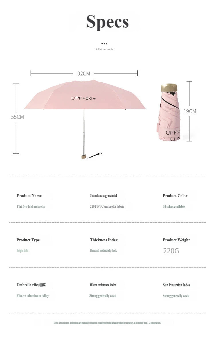 UV Flat Five-Fold Umbrella • 6 Ribs • Ultra-Light Portable Mini • Anti-UV Sunshade • Black Glue Folding Pocket Umbrella • Capsul    Your Coastal Marketplace | Shoreshopper.com