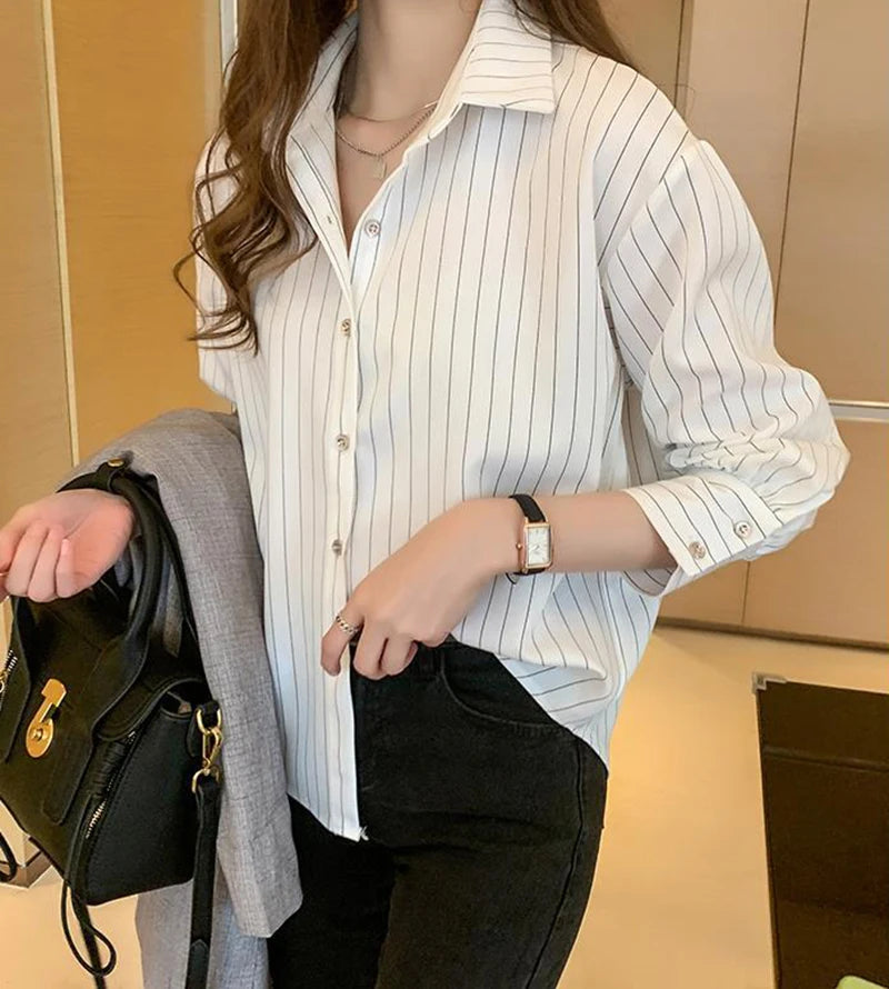 Striped Shirt Women Summer Vintage Chic Loose Long Sleeve Top Y2K Office Ladies Fashion Casual Turn Down Collar All Match Blouse    Your Coastal Marketplace | Shoreshopper.com