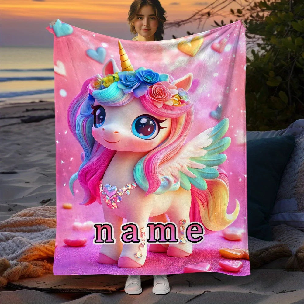 Customizable unicorn blanket with sparkling rainbow mane, soft and lightweight pink flannel blanket, personalized name options    Your Coastal Marketplace | Shoreshopper.com