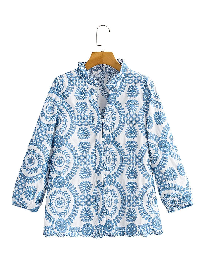 Women Red Floral Embroidered Shirt V Neck Long Sleeve Blouse Down Bohemian T-Shirt Casual Vacation Style Summer Clothing    Your Coastal Marketplace | Shoreshopper.com