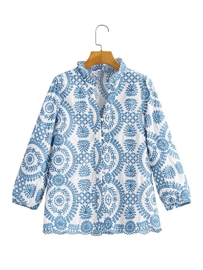 Women Red Floral Embroidered Shirt V Neck Long Sleeve Blouse Down Bohemian T-Shirt Casual Vacation Style Summer Clothing    Your Coastal Marketplace | Shoreshopper.com