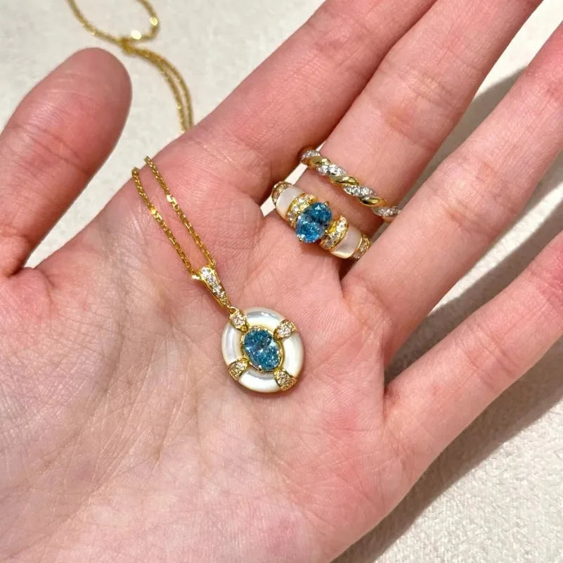 Classic blue jewelry sets dreamy aquamarine gem White Fritillaria ring necklace High quality palace style retro wedding gift    Home Decor Supply | Online Retail | ShoreShopper.com
